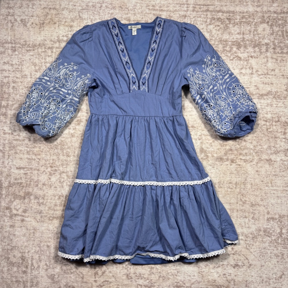 Versona Mini Dress Womens XS Blue Excellent Eyelet Boho Tiered Balloon Sleeve
